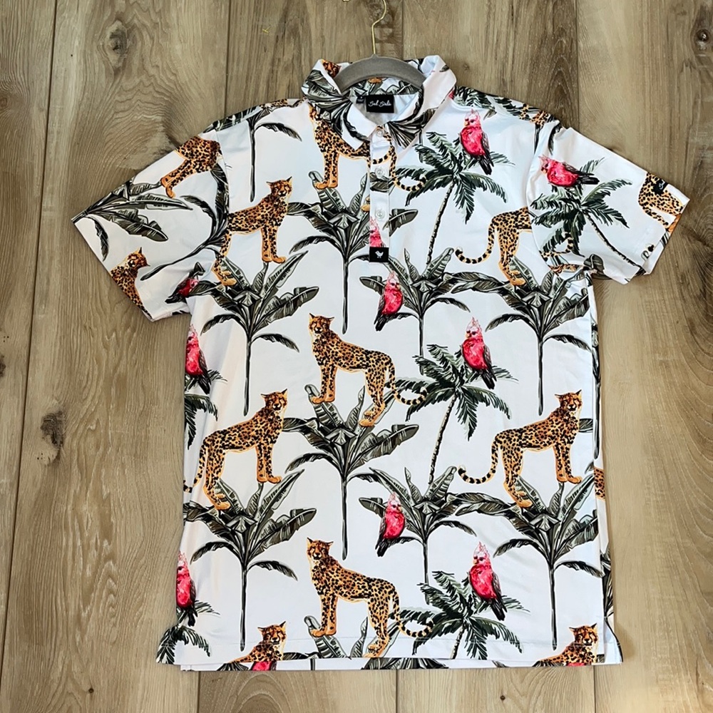 Bad Birdie Shirt Men's Cheetah Parrot Print Performance Golf Polo Size Small